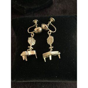 Vintage Silver Tone Grand Piano & Candelabra Screw-Back Dangle Earrings